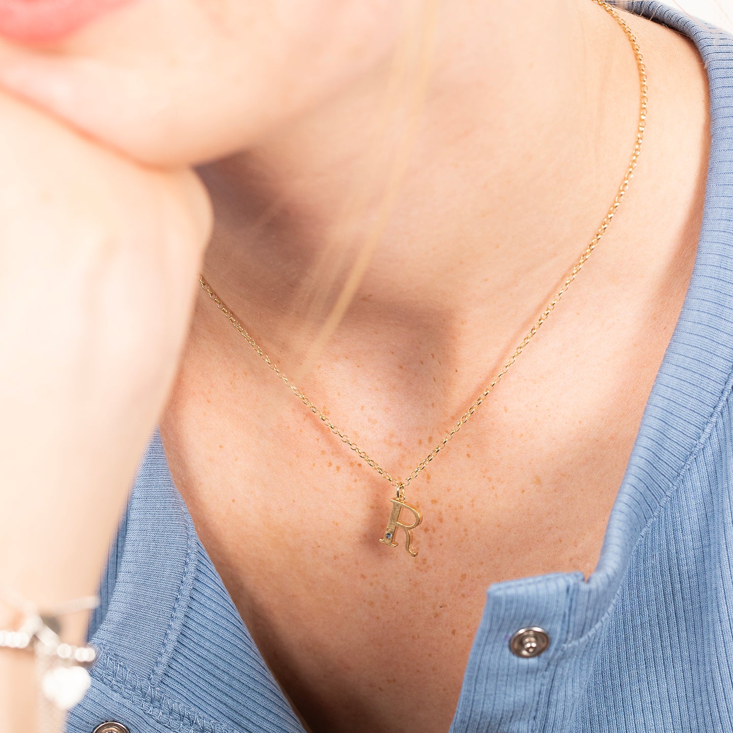 R Initial Letter & Birthstone Necklace - 9kt Gold