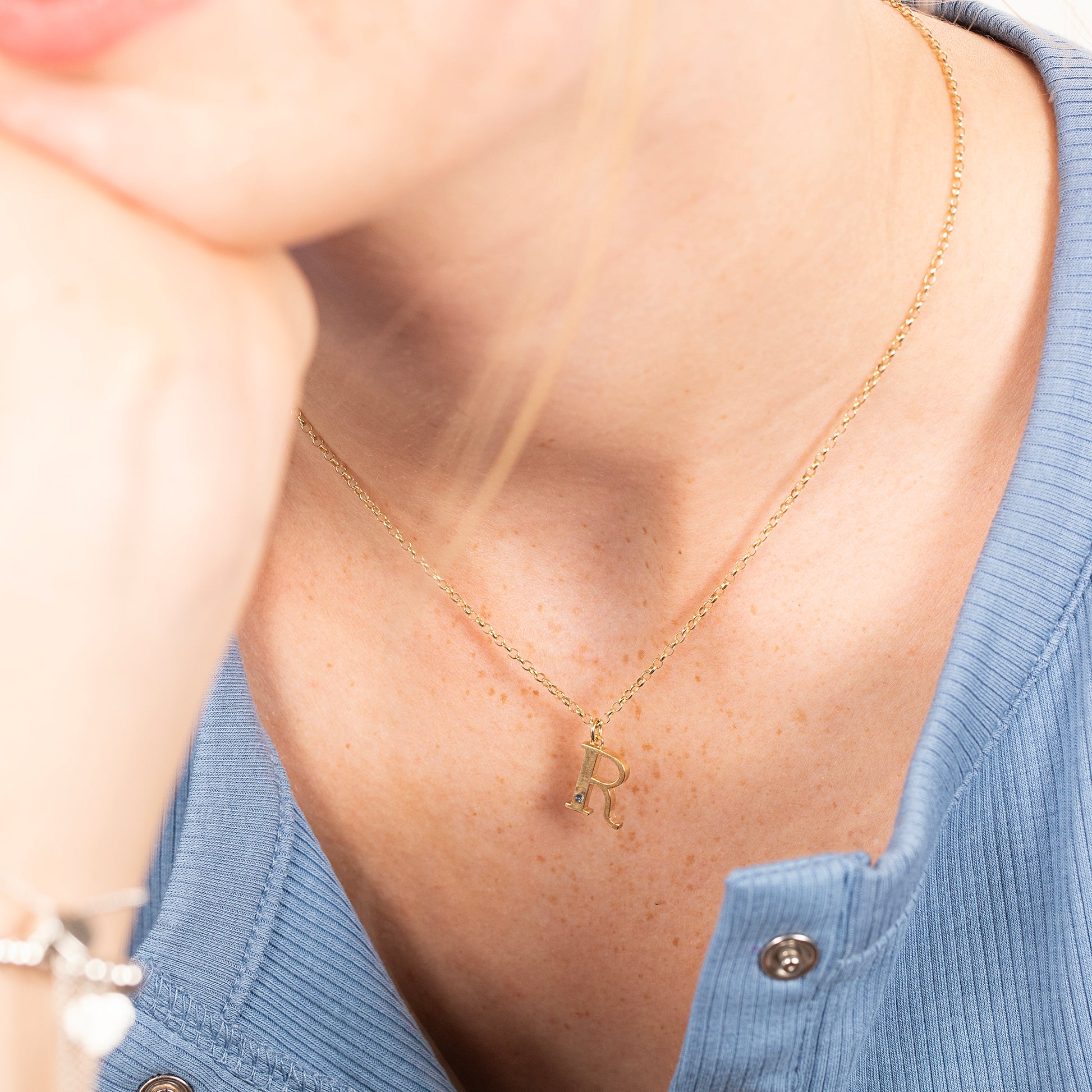 R Initial Letter & Birthstone Necklace - 9kt Gold