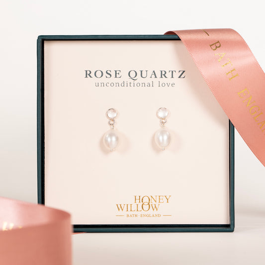 Rose Quartz & Pearl Earrings - Unconditional Love - Silver & Gold