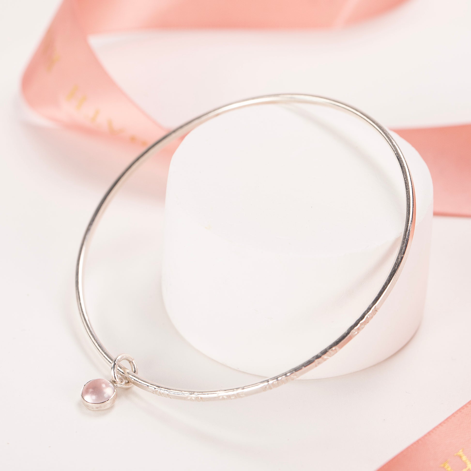 5th Anniversary Gift - Personalised Rose Quartz Bangle - Silver - Honey Willow Handmade Jewellery