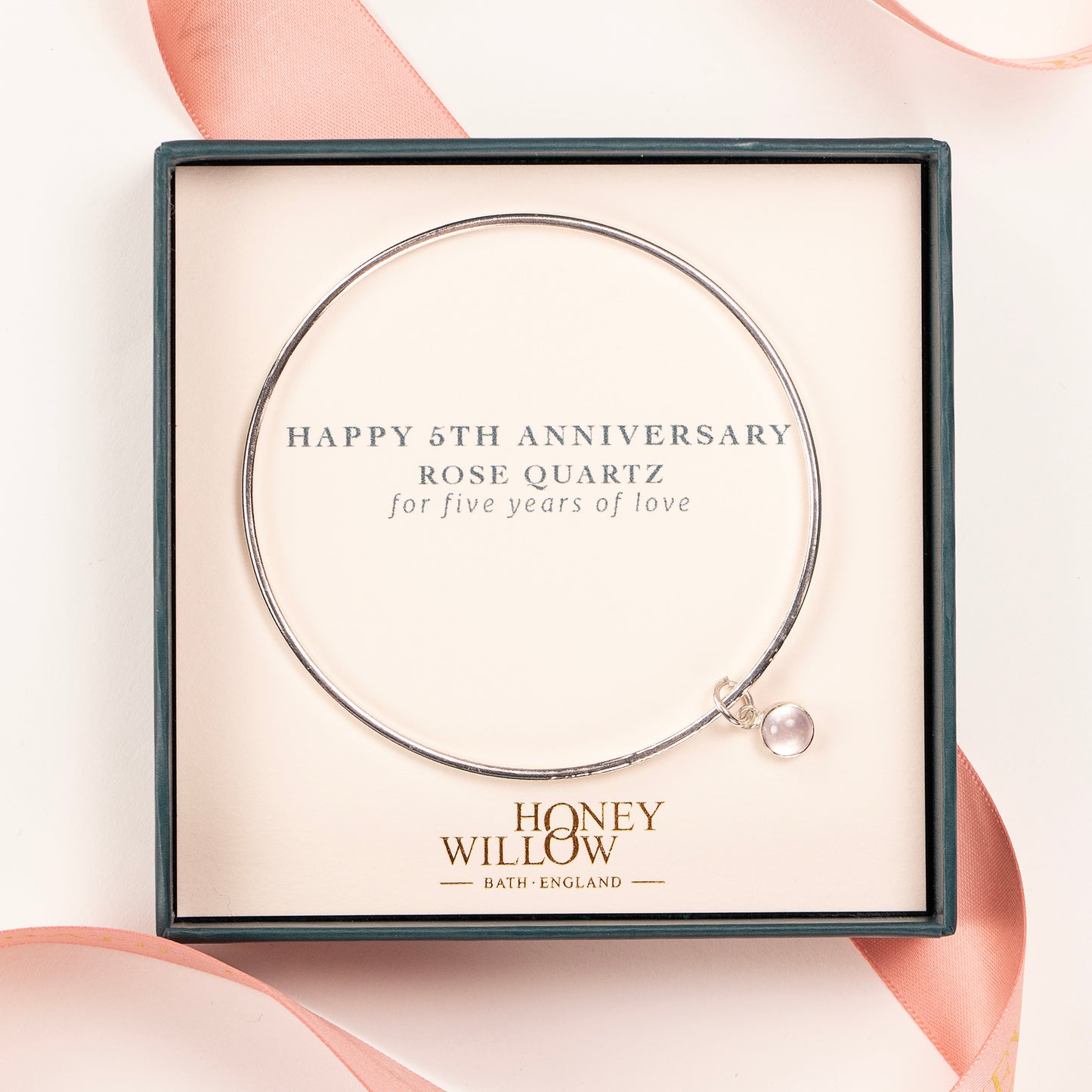 5th Anniversary Gift - Personalised Rose Quartz Bangle - Silver