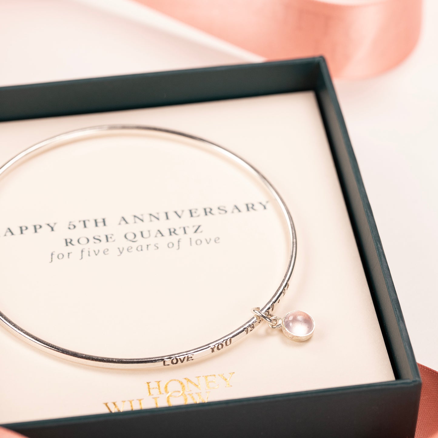 5th Anniversary Gift - Personalised Rose Quartz Bangle - Silver
