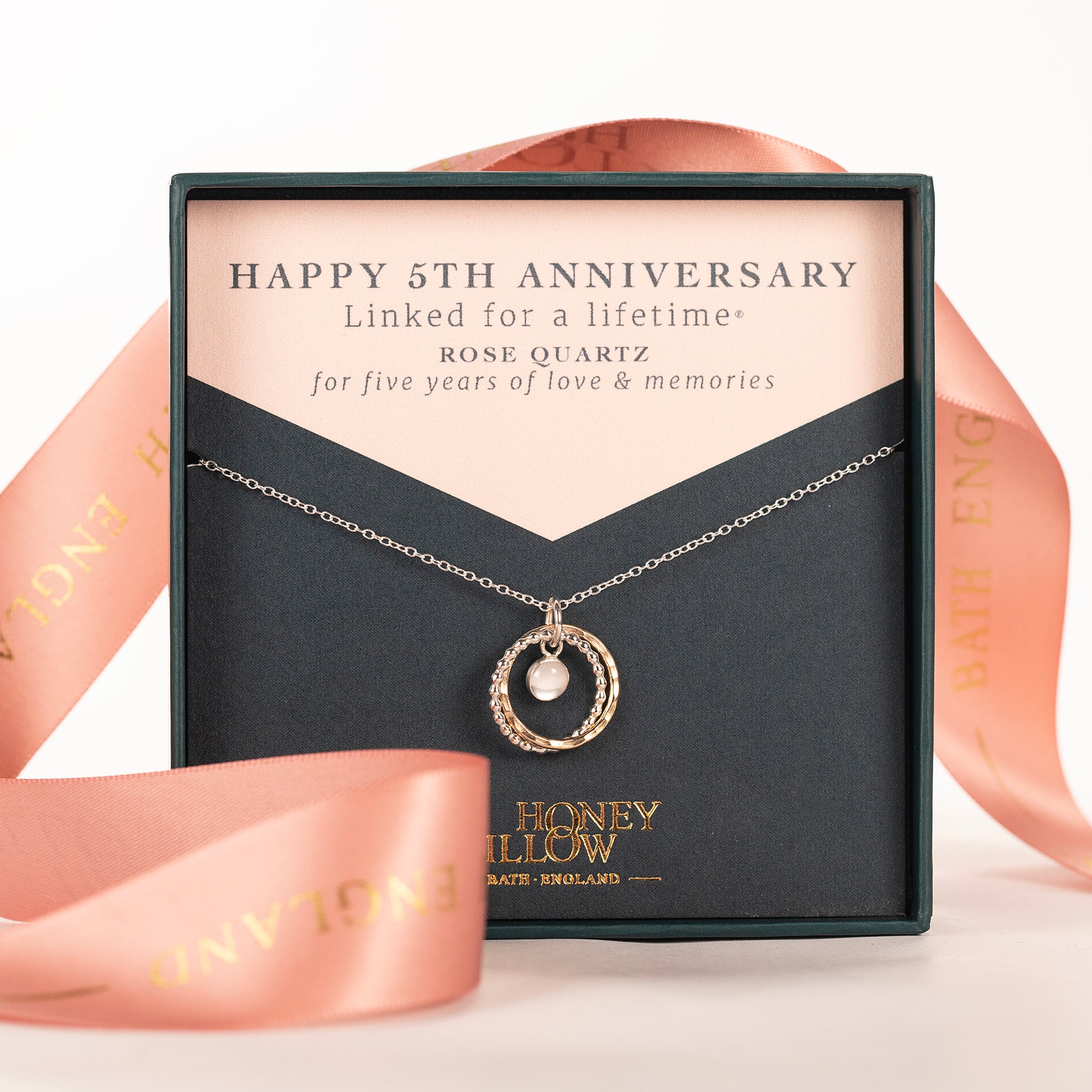 5th Anniversary Gift - Double Link Rose Quartz Necklace - Silver & Gold