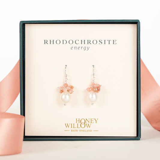 Rhodochrosite & Pearl Earrings - Energy - Silver & Gold