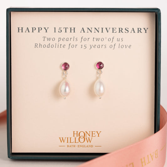 15th Anniversary Gift - Rhodolite Anniversary Earrings - Silver & Gold