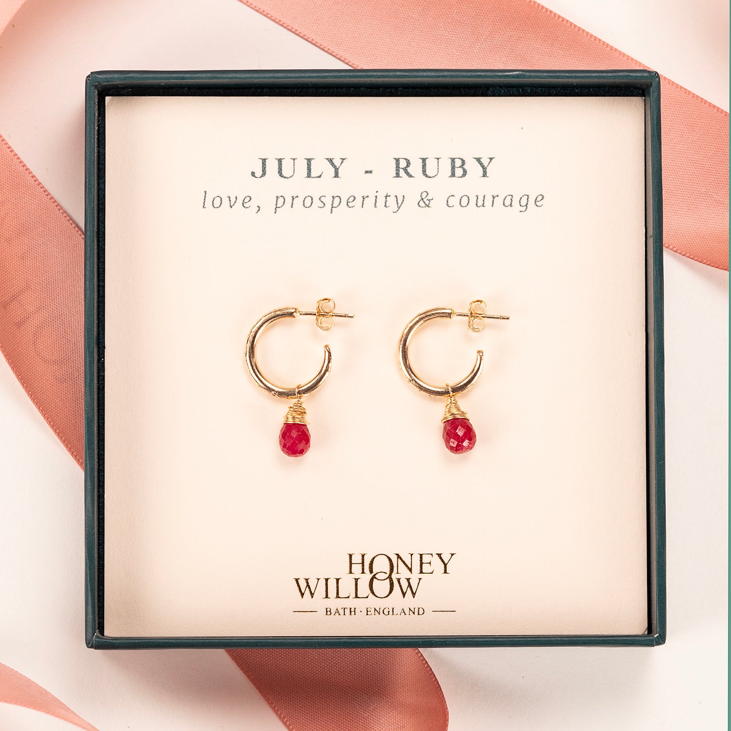 July Birthstone Earrings - Ruby Gold Hoops - 1.5cm