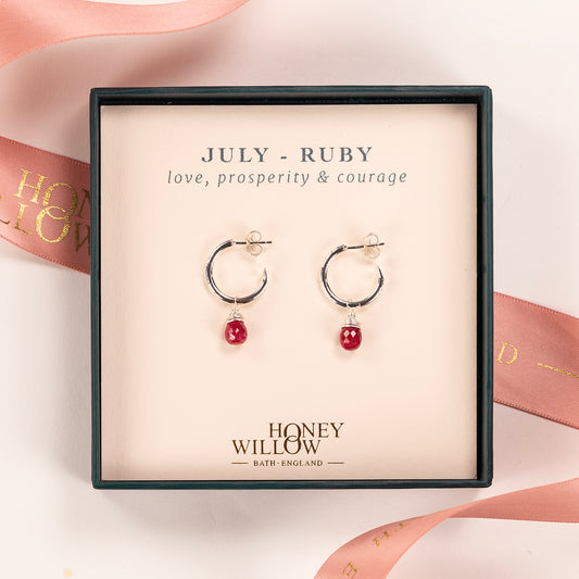 July Birthstone Earrings - Ruby Silver Hoops - 1.5cm