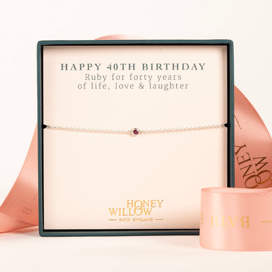 40th Birthday Bracelet - Single Ruby Solitaire - Silver