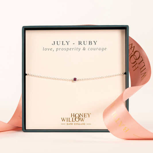 July Birthstone Bracelet - Single Ruby Solitaire - Silver
