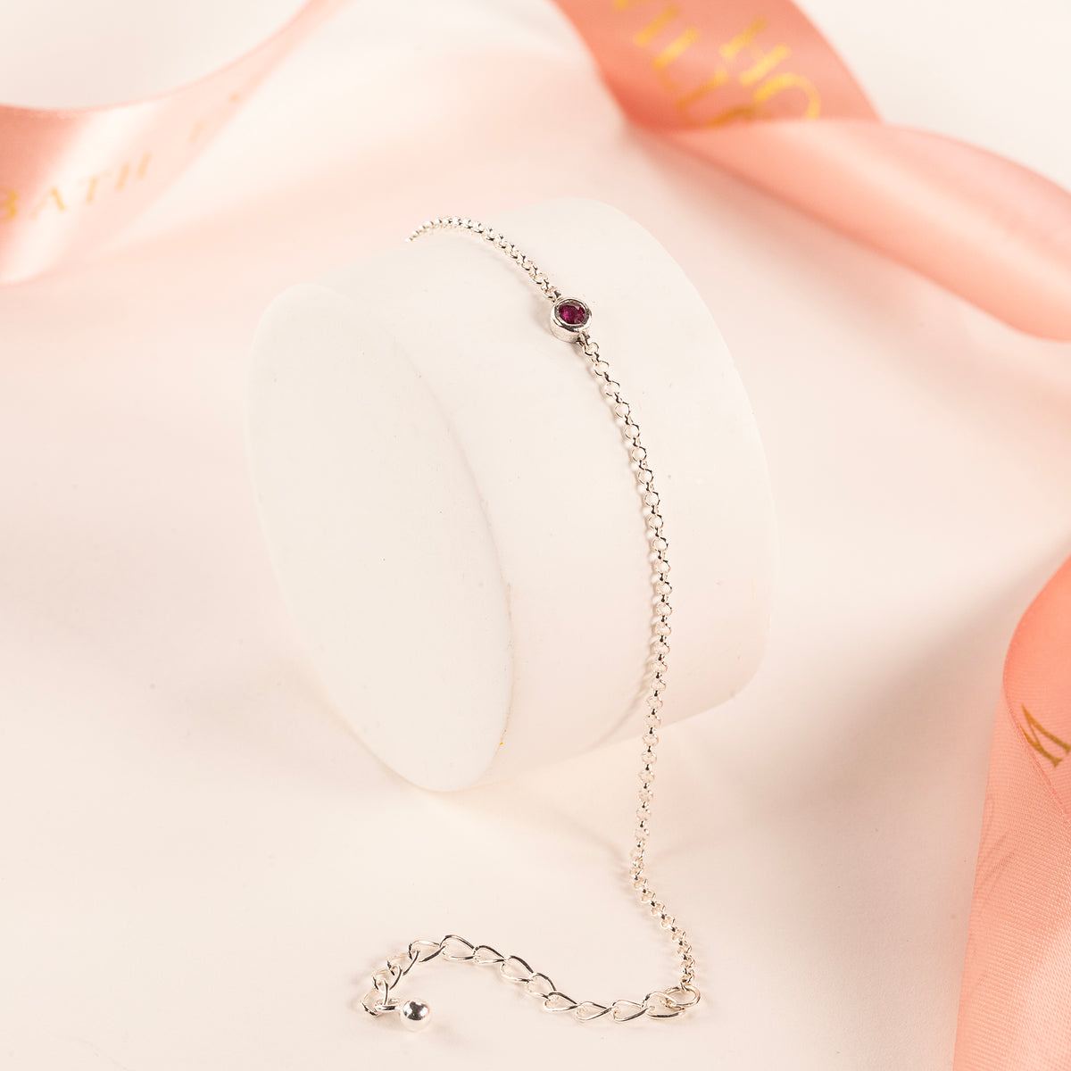 July Birthstone Bracelet - Single Ruby Solitaire - Silver