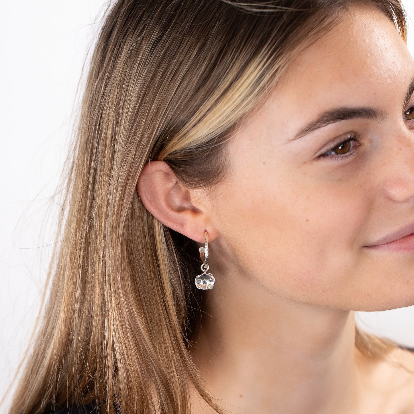 9th Anniversary Gift - Poppy Flower Hoop Earrings - Silver - 2cm