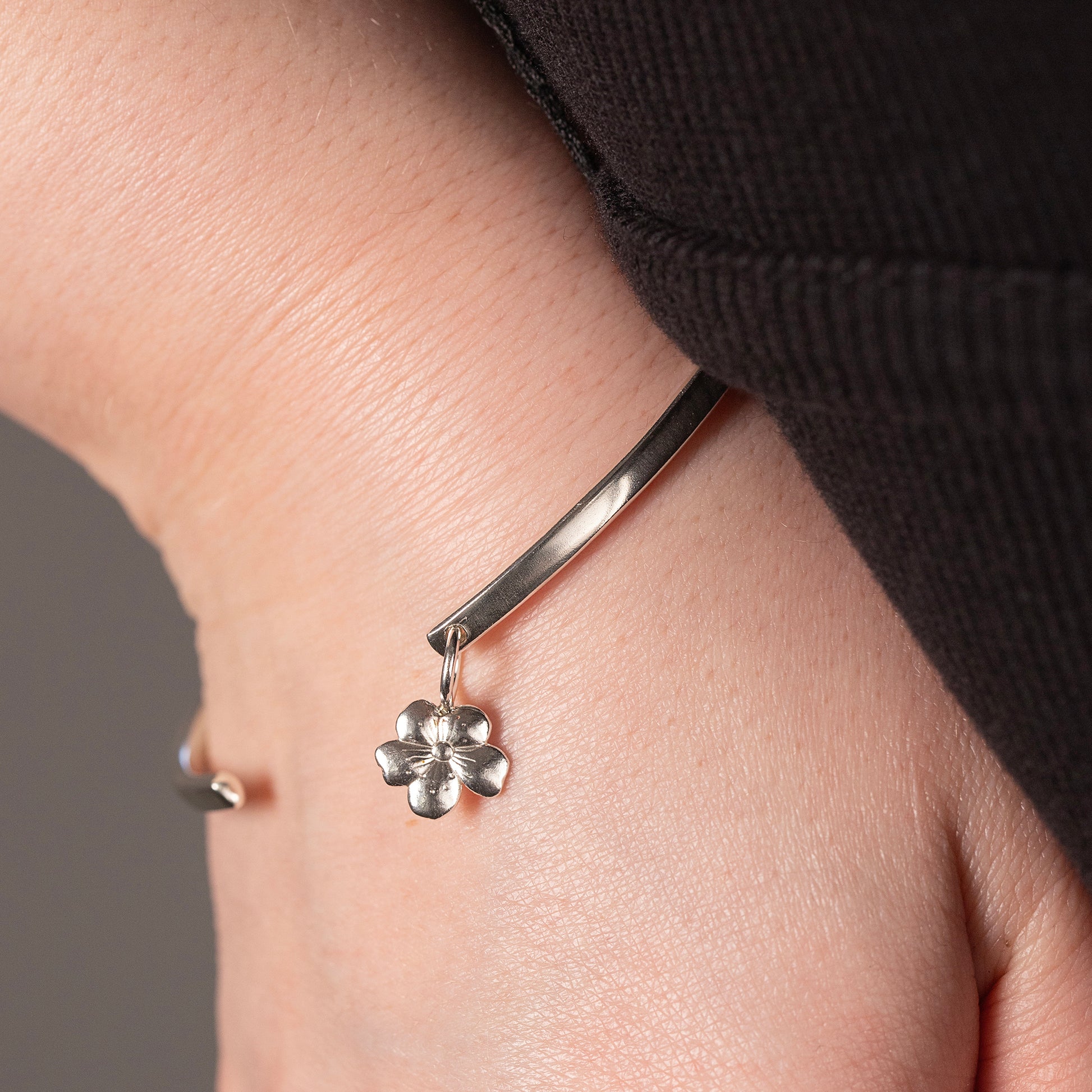 March Birth Flower Jewellery - Personalised Cherry Blossom Open Cuff Bangle - Silver
