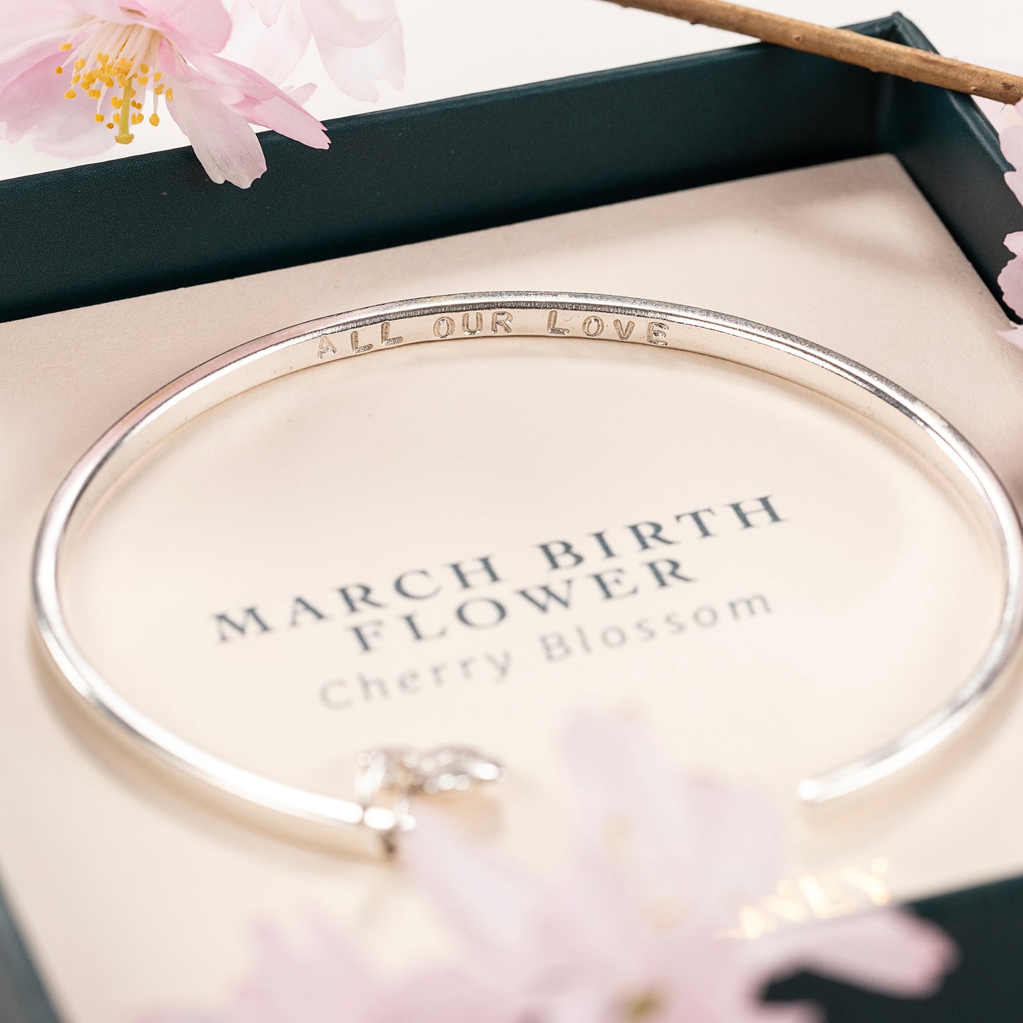 March Birth Flower Jewellery - Personalised Cherry Blossom Torc Bangle - Silver