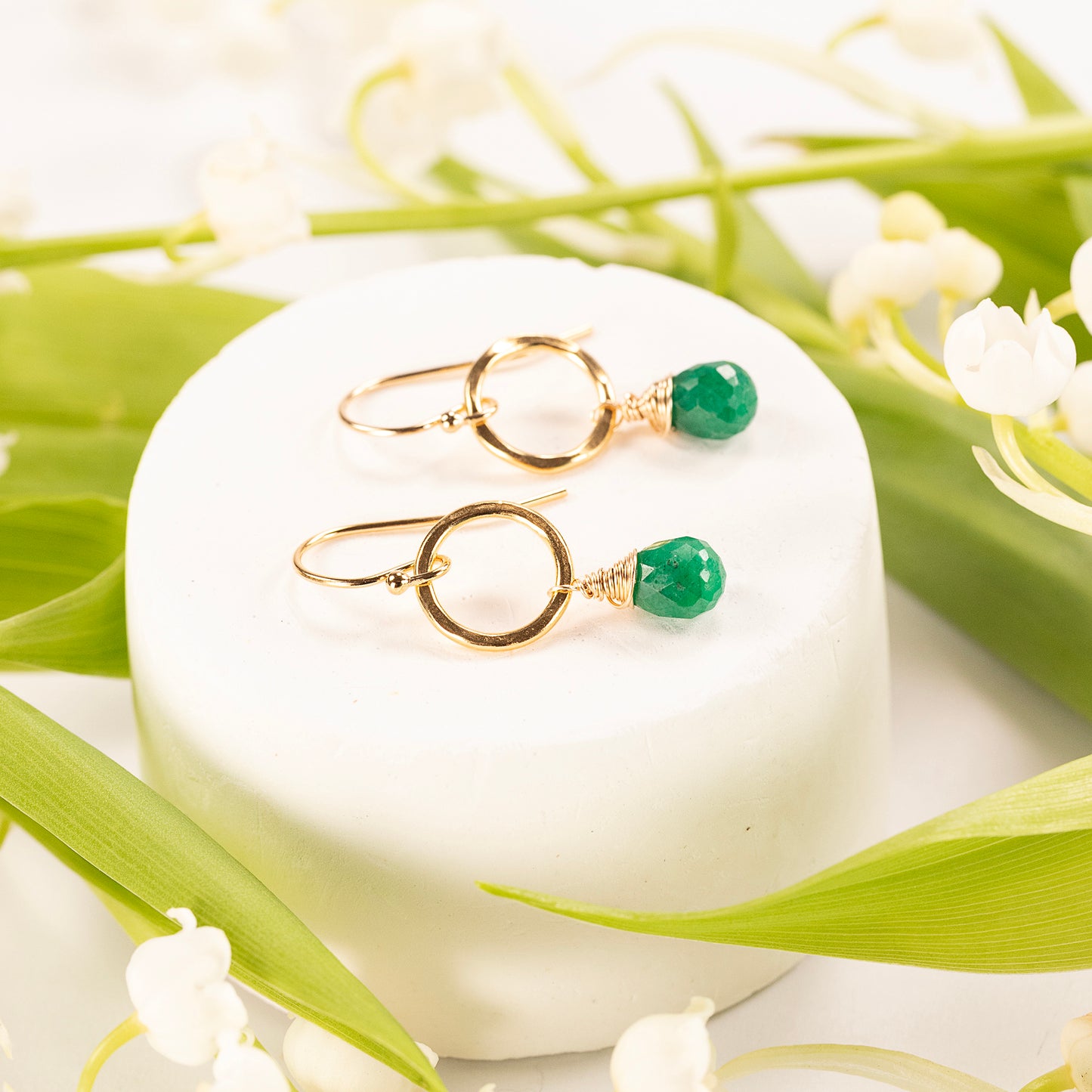 May Birthstone Circle Earrings - Emerald - Silver & Gold