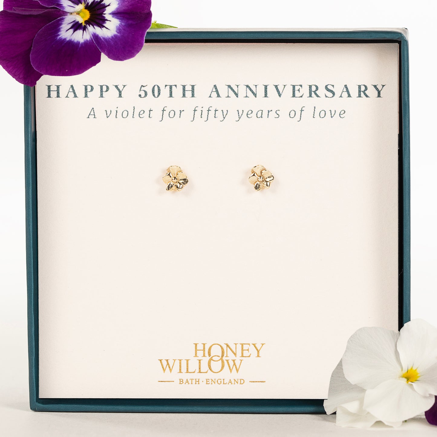 50th Anniversary Gift - Violet Flower Stud Earrings - 9kt Gold