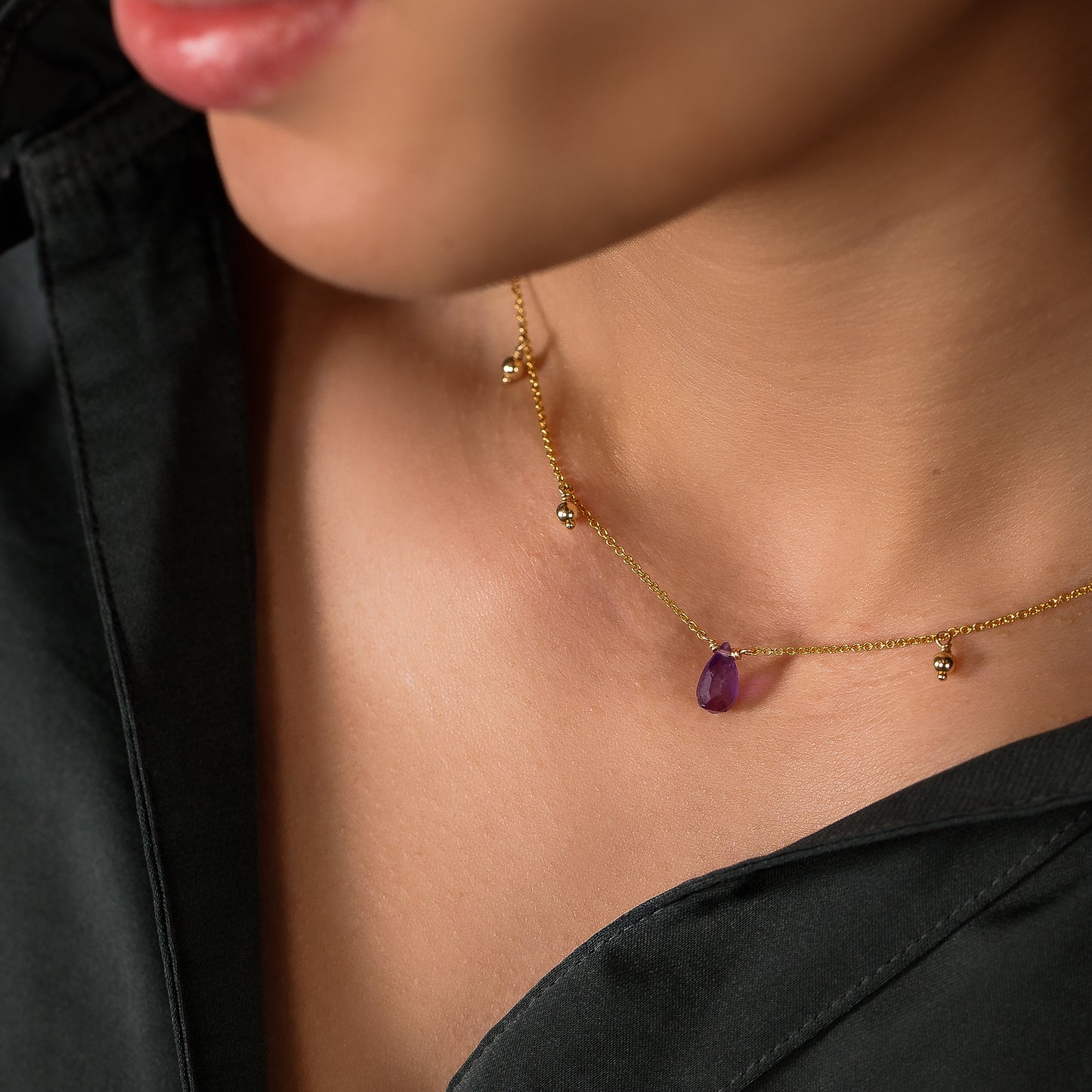 February Birthstone Briolette Choker Necklace - Amethyst - Silver & Gold