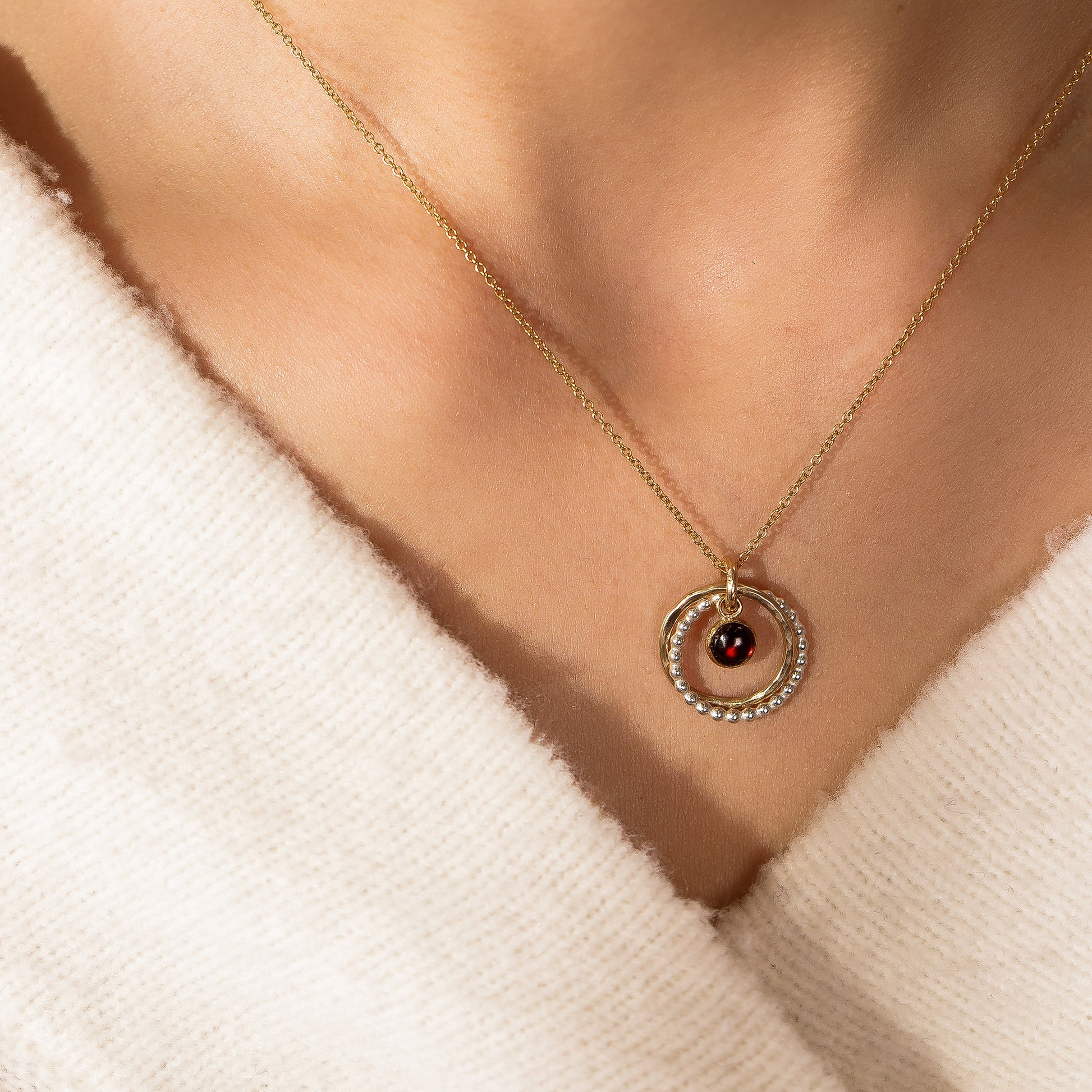 2nd Anniversary Gift - Double Link Garnet Necklace - Silver & Gold