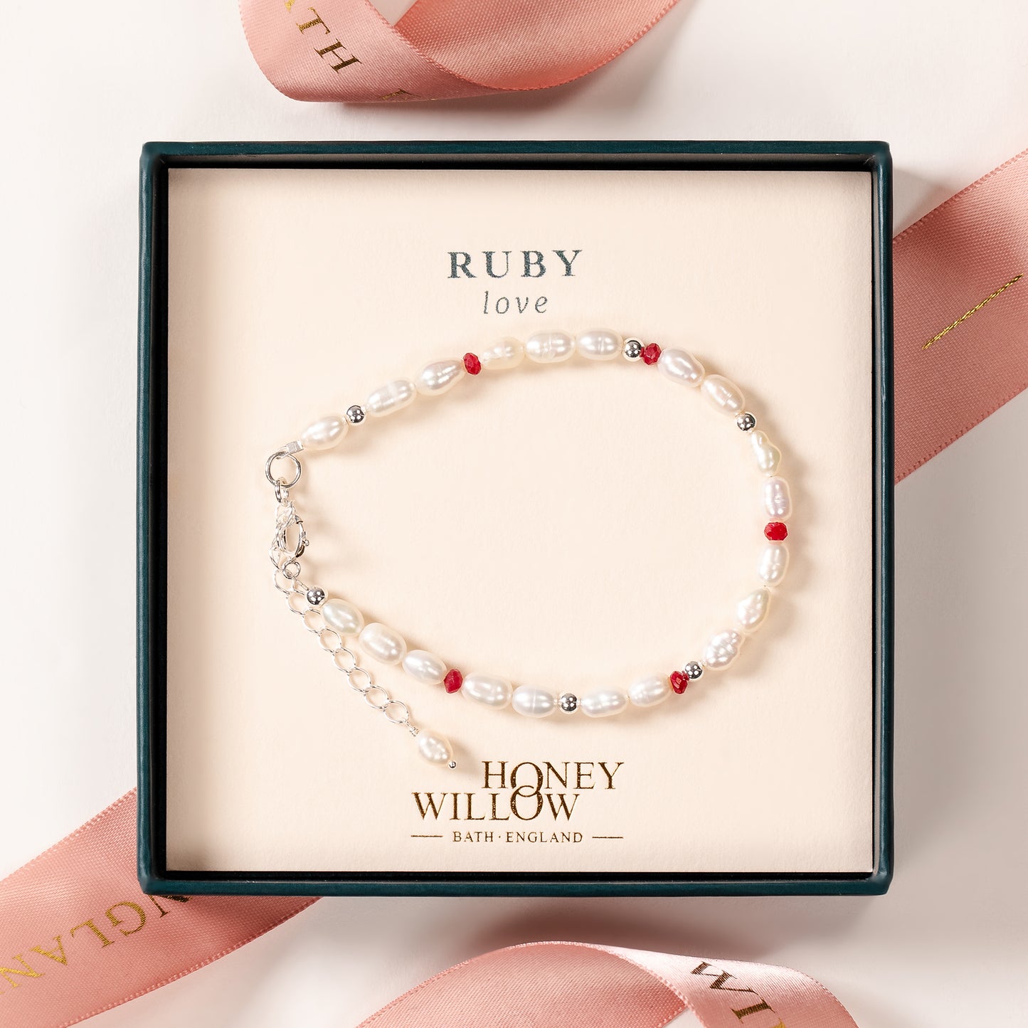 Ruby Seed Pearl Bracelet - Love - Silver & Gold