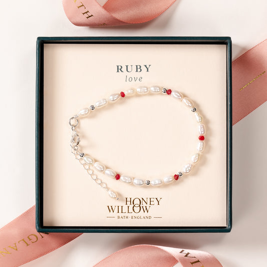 Ruby Seed Pearl Bracelet - Love - Silver & Gold