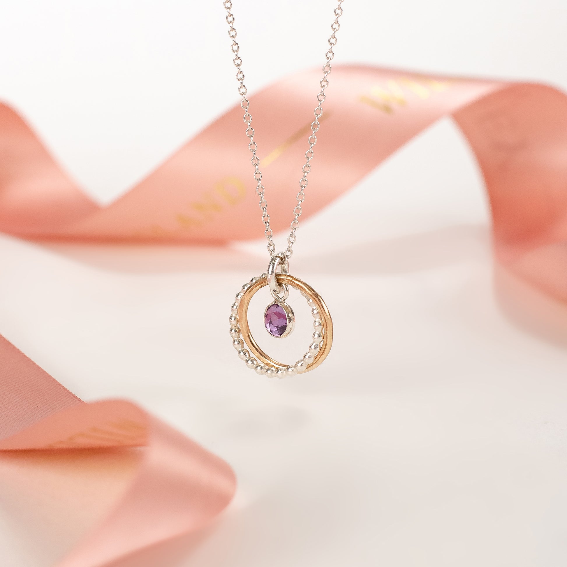 February Birthstone Double Link Necklace - Amethyst - Silver & Gold