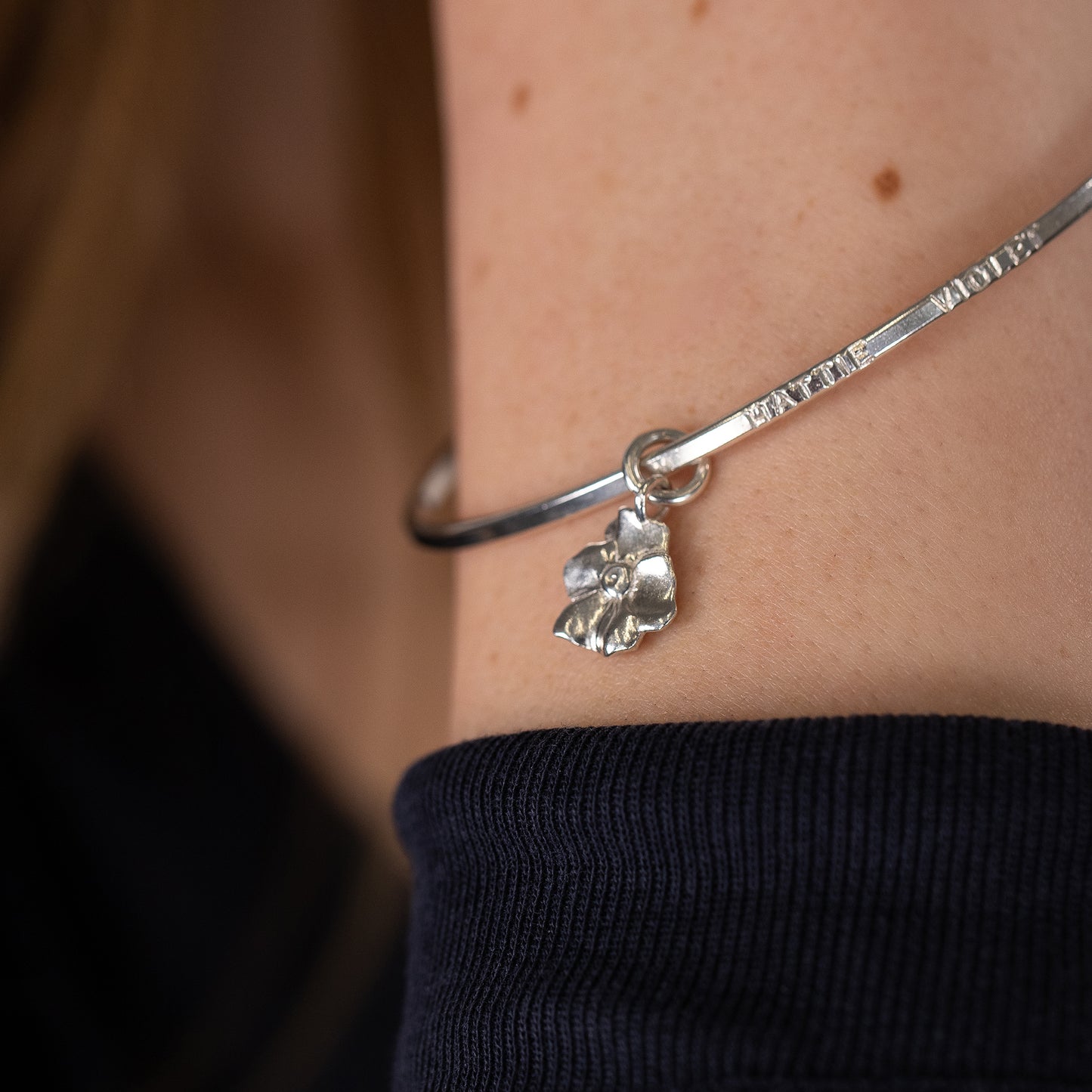 50th Anniversary Gift - Personalised Violet Flower Bangle - Silver