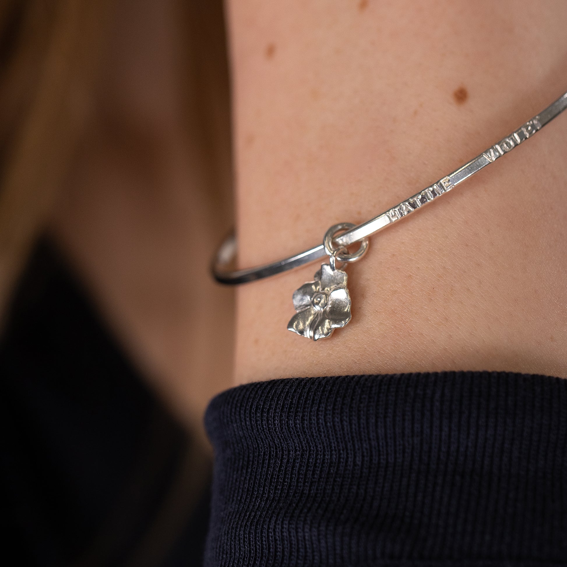 50th Anniversary Gift - Personalised Violet Flower Bangle - Silver