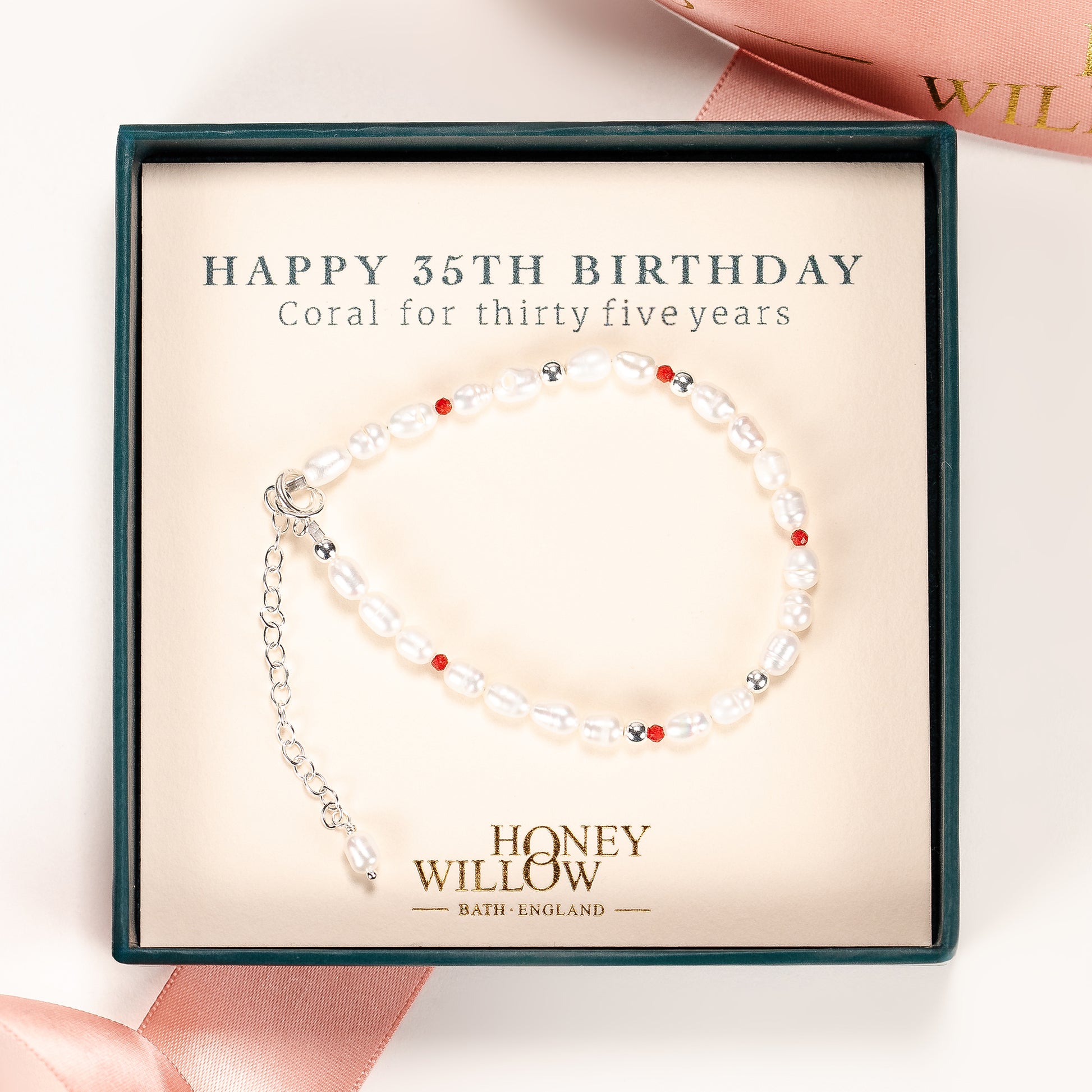 35th Birthday Gift - Pearl and Coral Bracelet - Silver & Gold