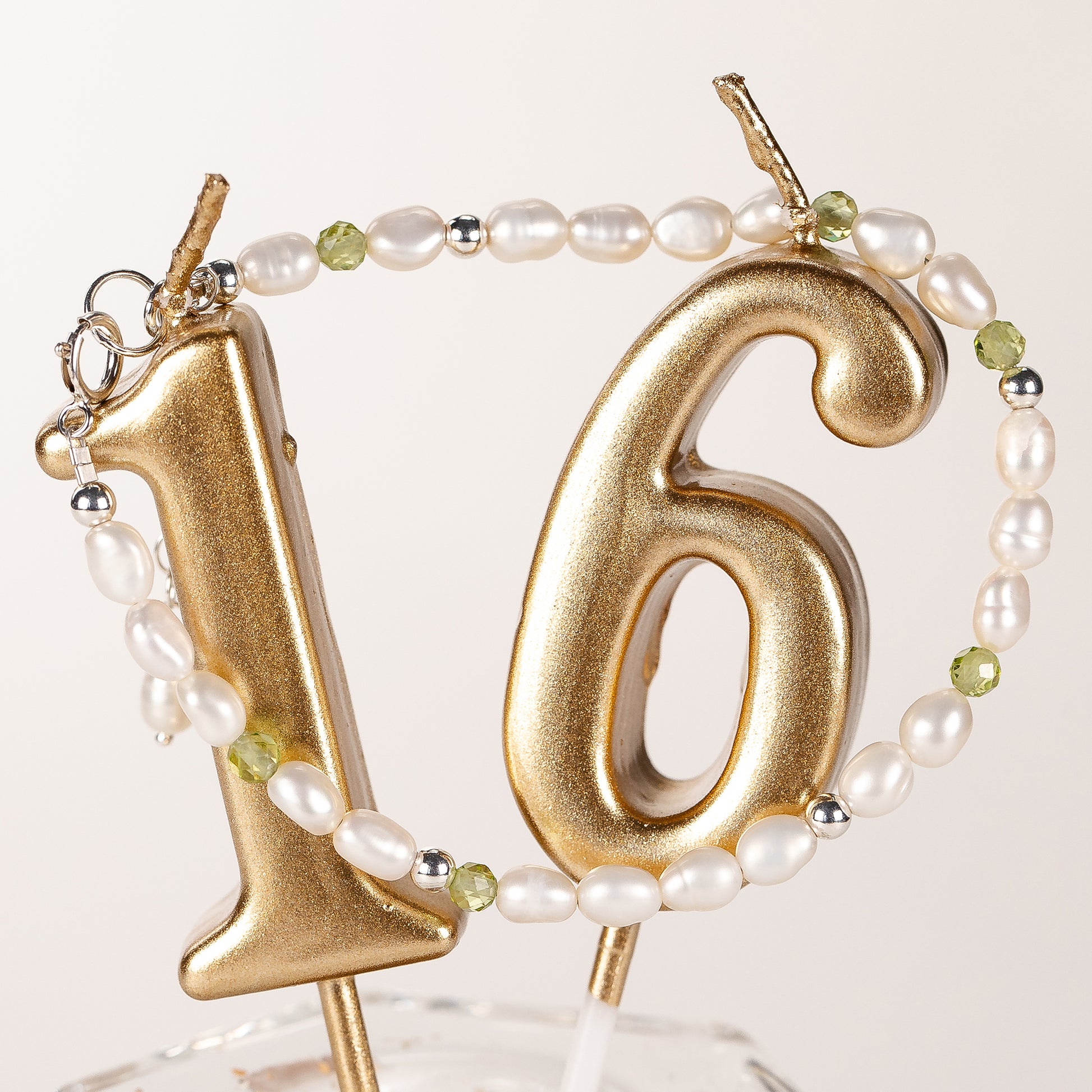 16th Birthday Gift - Pearl and Peridot Bracelet - Silver & Gold