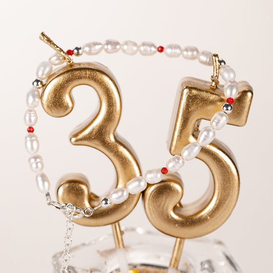 35th Birthday Gift - Pearl and Coral Bracelet - Silver & Gold