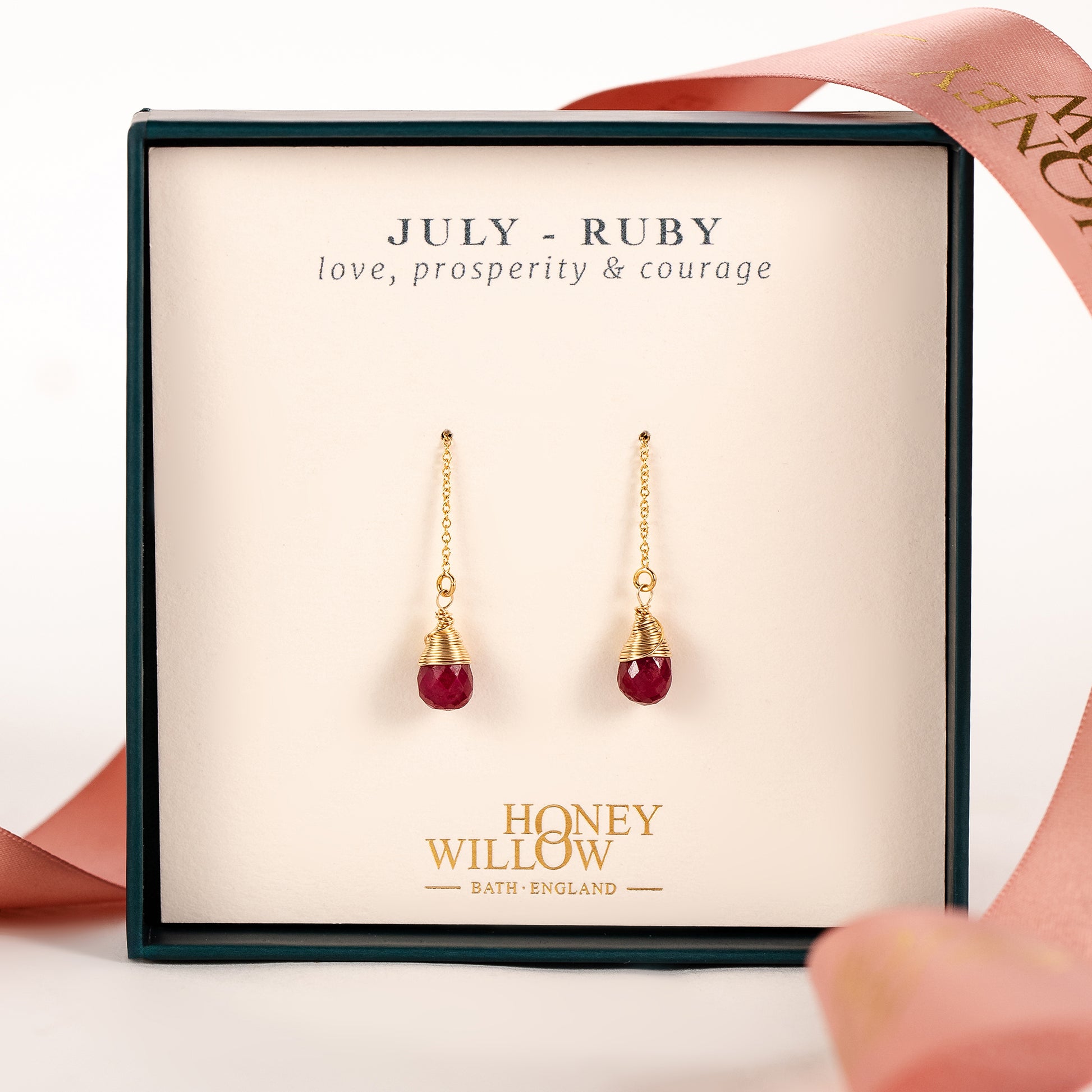 July Birthstone Threader Earrings - Ruby - Silver & Gold