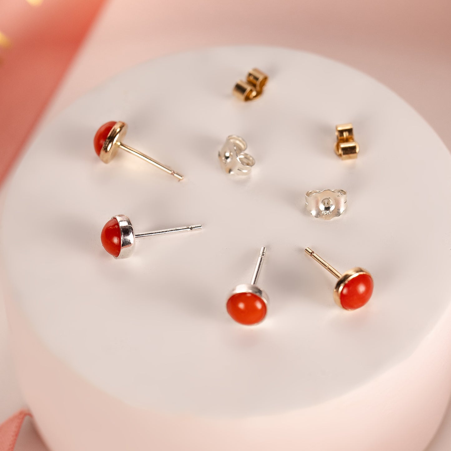 Coral Stud Earrings - Happiness - Silver & Gold