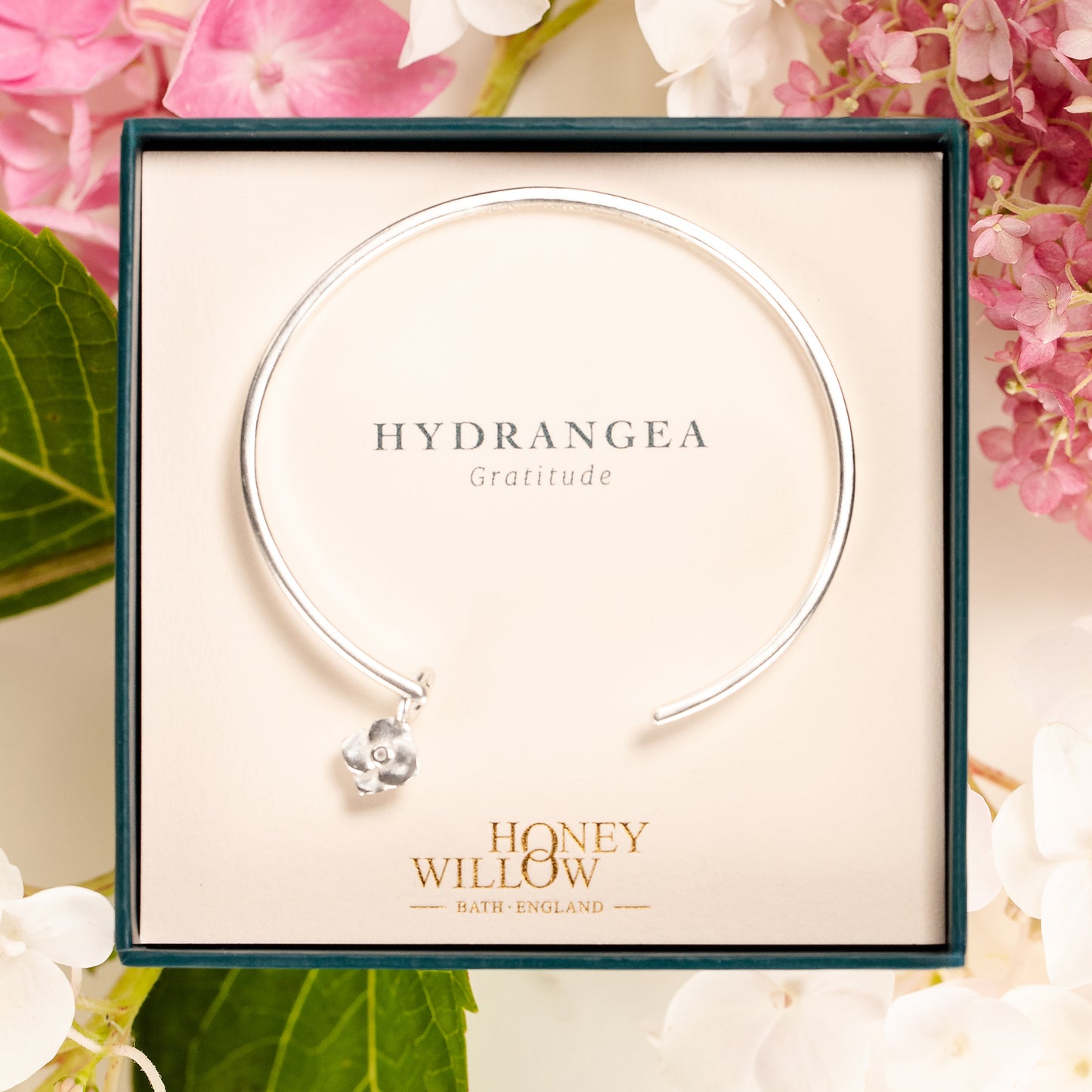 Personalised Hydrangea Torc Bangle - Gratitude - Silver