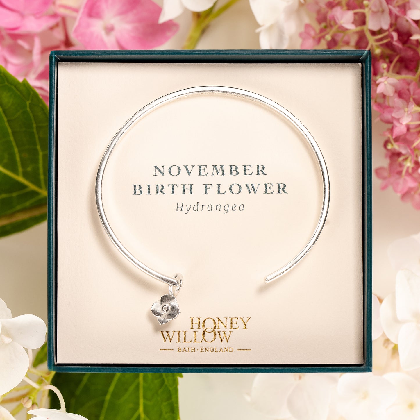 November Birth Flower Jewellery - Personalised Hydrangea Torc Bangle - Silver