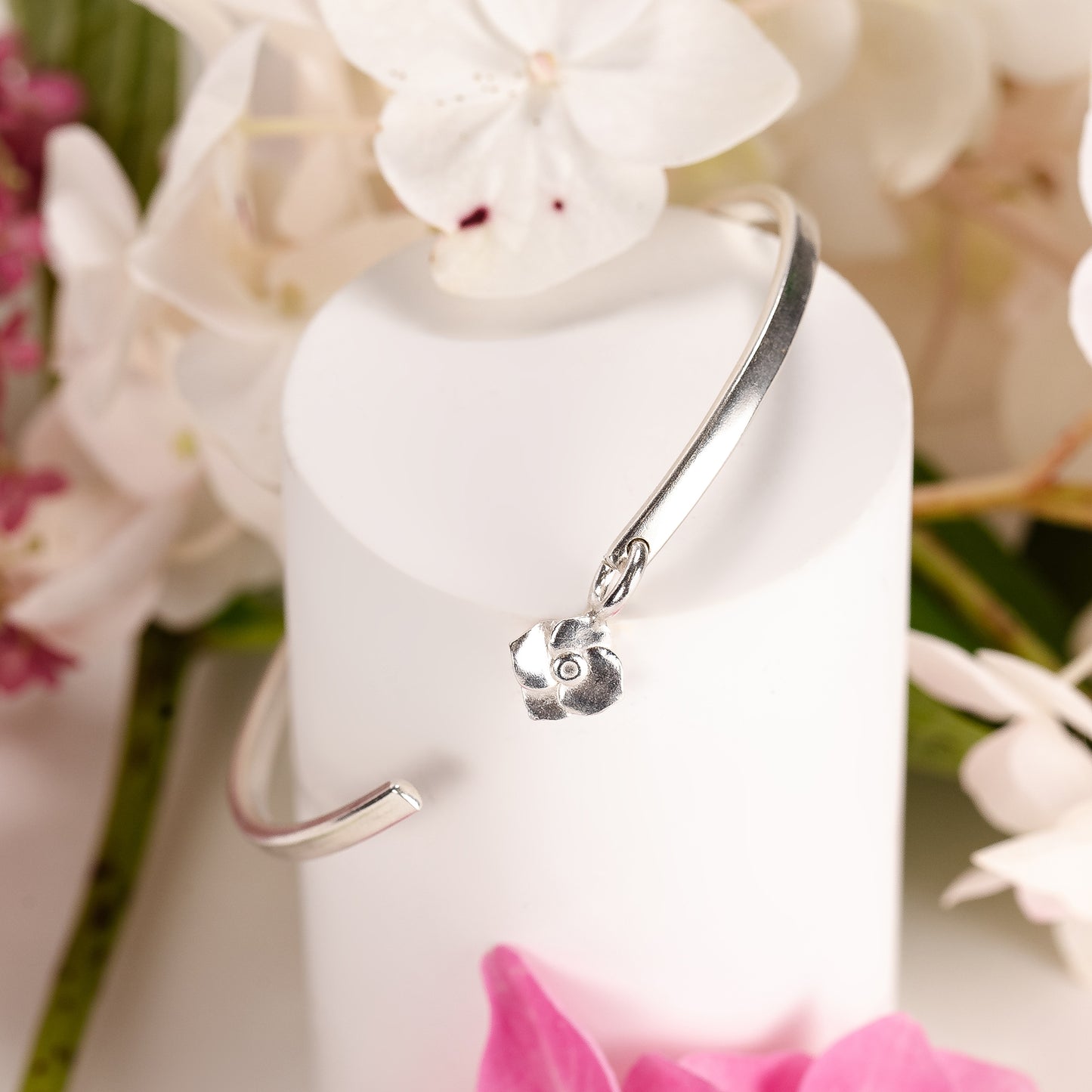 November Birth Flower Jewellery - Personalised Hydrangea Torc Bangle - Silver