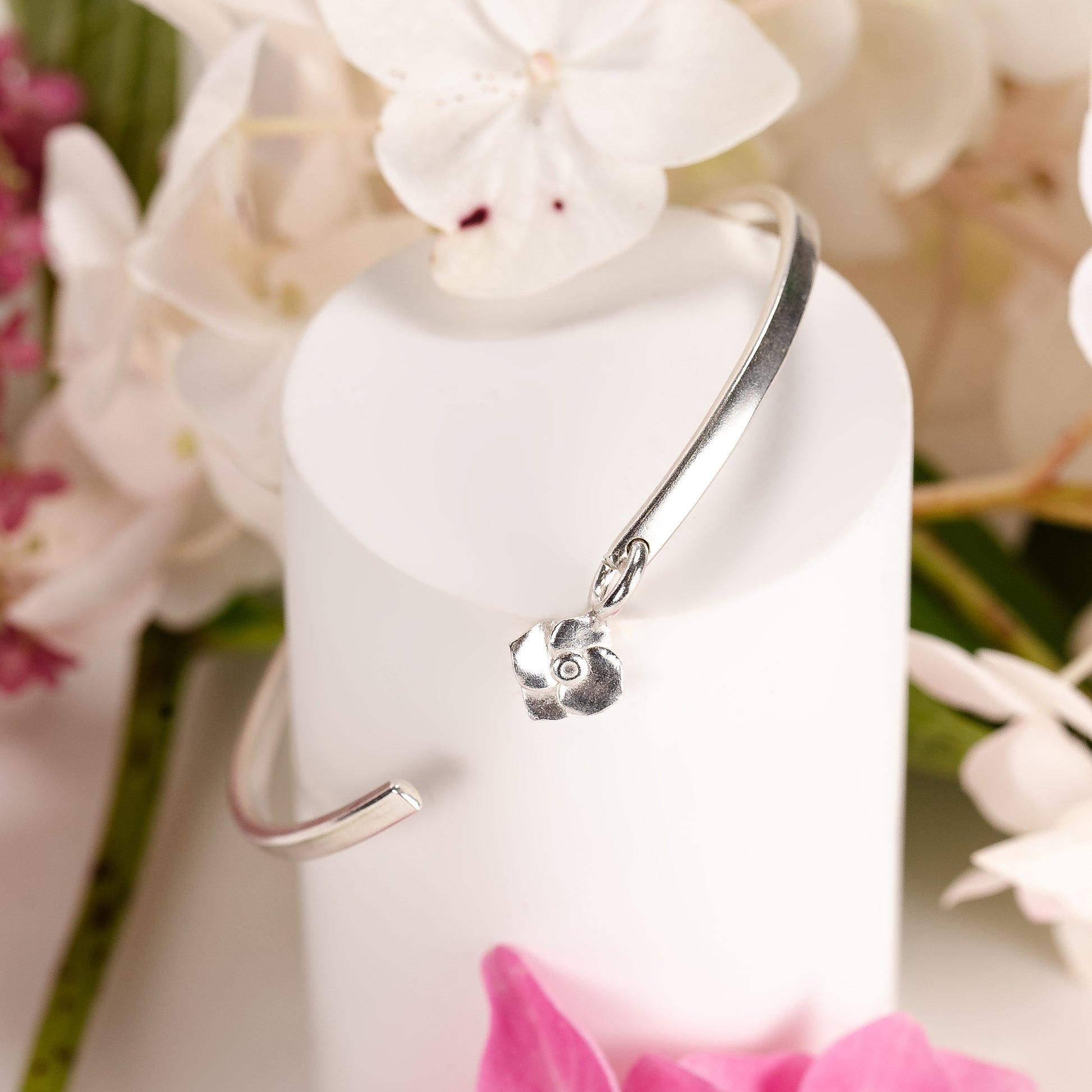 November Birth Flower Jewellery - Personalised Hydrangea Torc Bangle - Silver