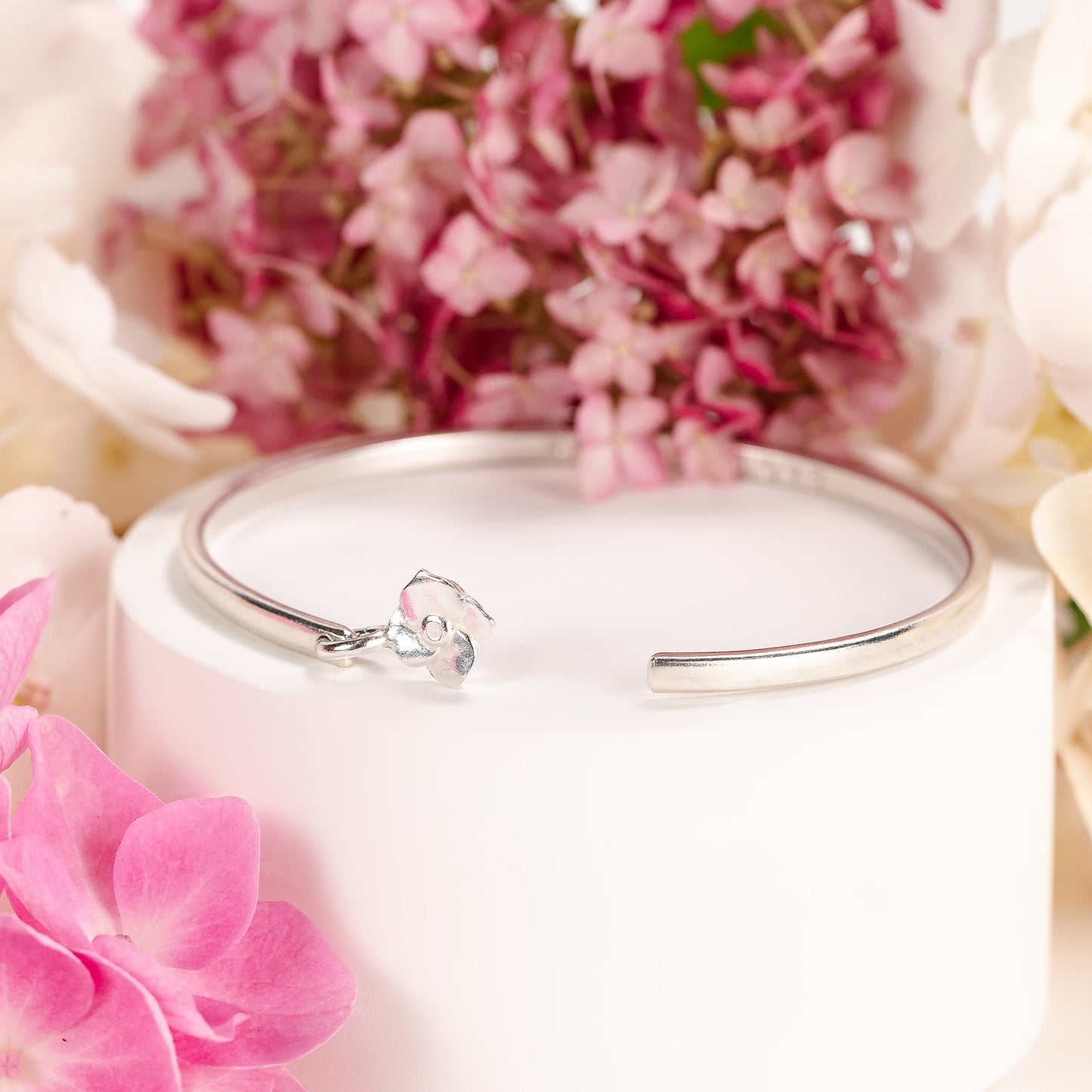November Birth Flower Jewellery - Personalised Hydrangea Torc Bangle - Silver