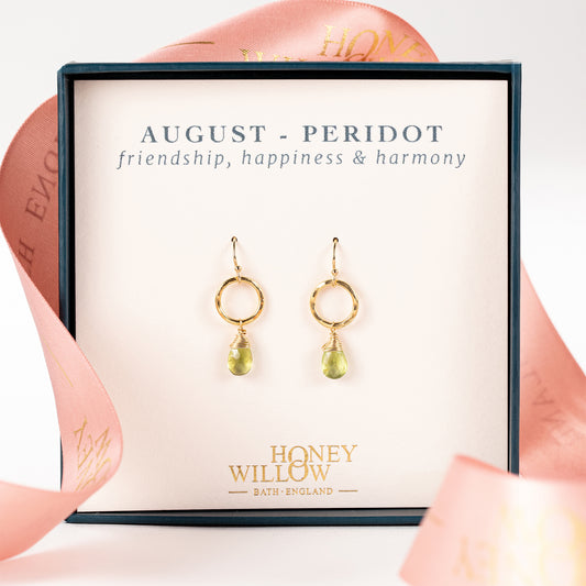 August Birthstone Circle Earrings - Peridot - Silver & Gold