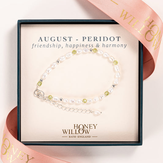 August Birthstone Bracelet - Seed Pearl & Peridot - Silver & Gold