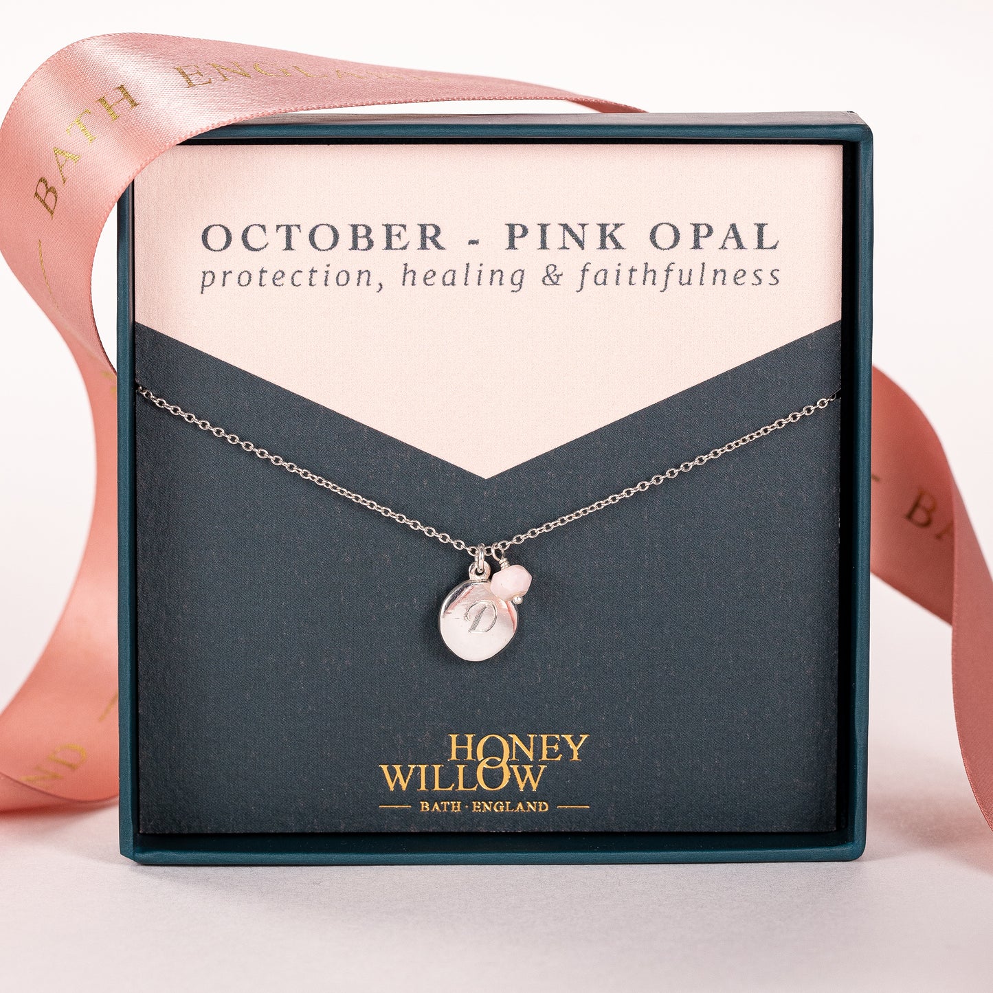 Personalised October Birthstone Necklace - Pink Opal - Silver