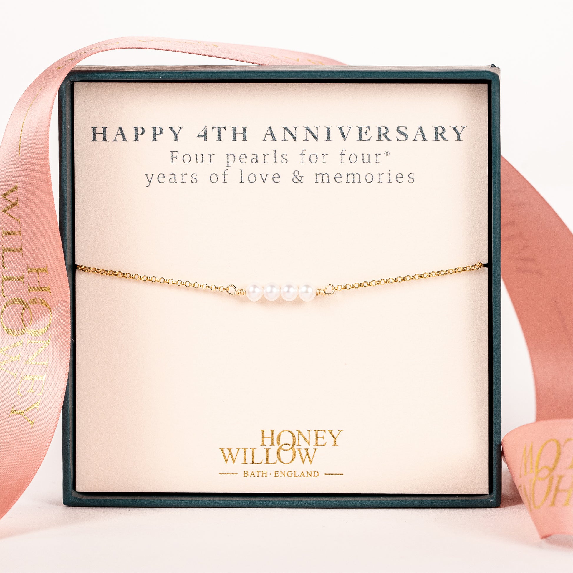 4th Anniversary Bracelet - 4 Pearls for 4 Years - Silver & Gold