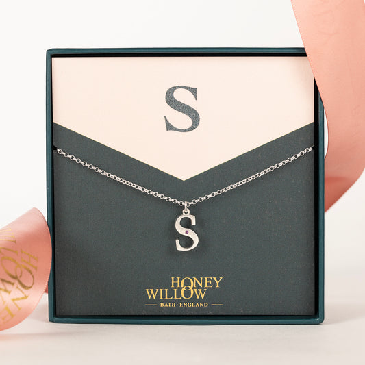 S Initial Charm & Birthstone Necklace - Silver