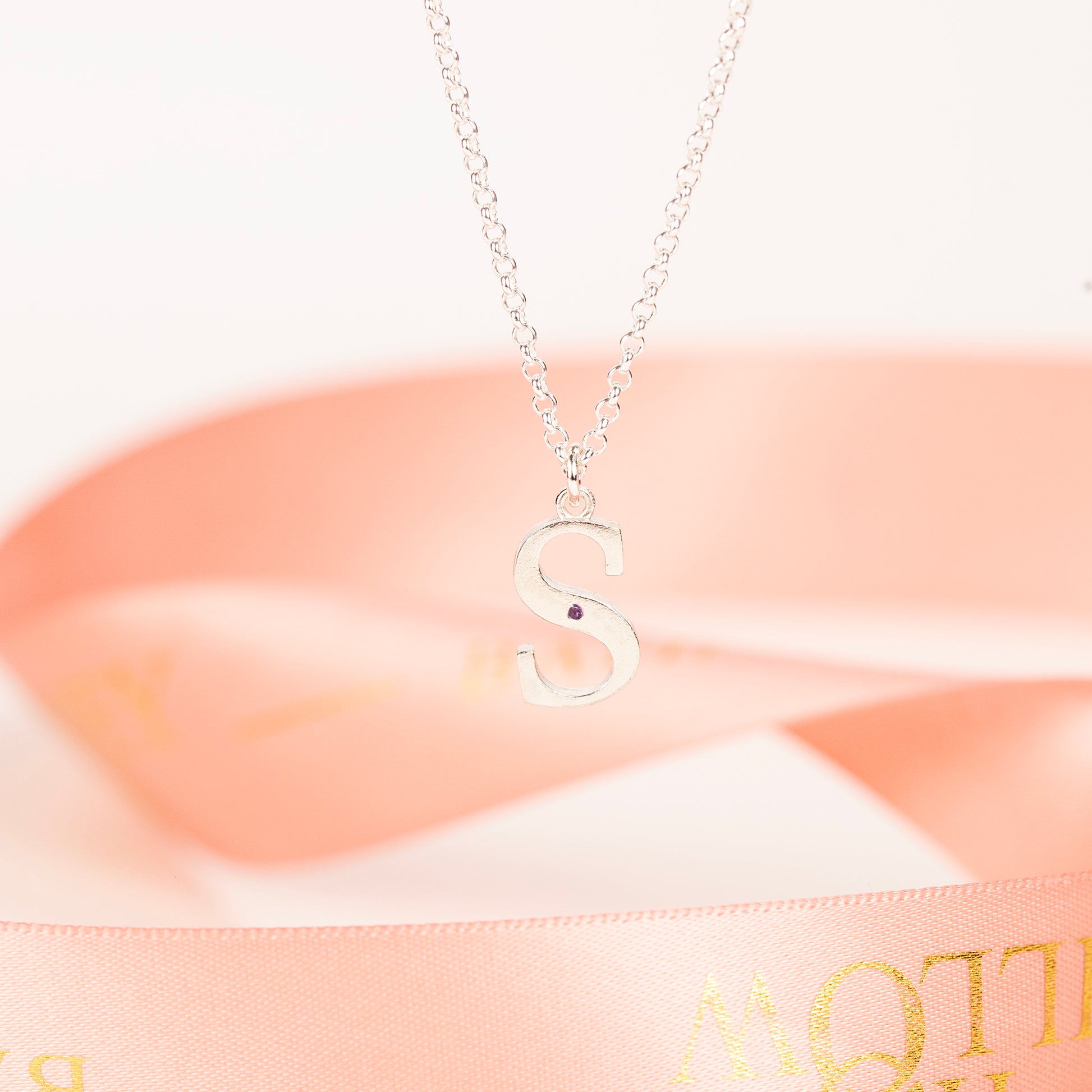 S Initial Charm & Birthstone Necklace - Silver
