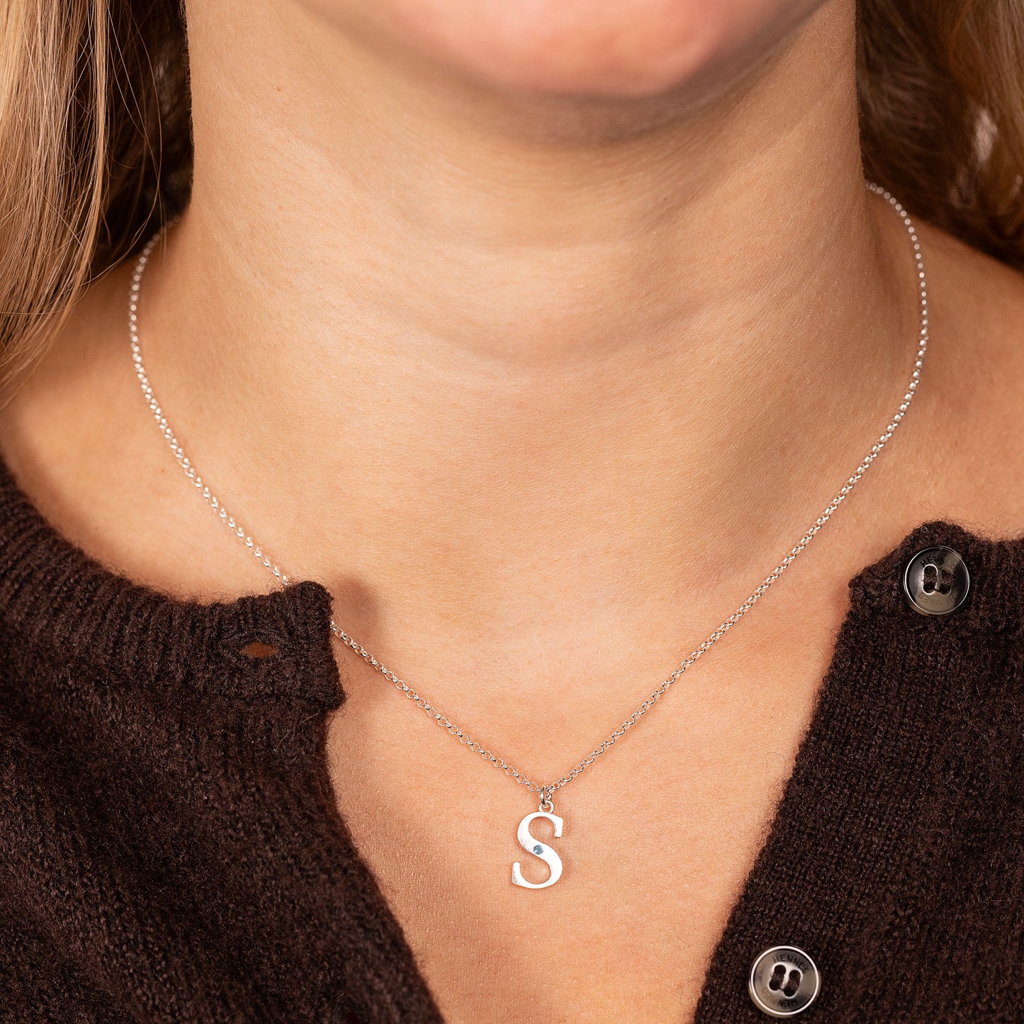 S Initial Letter & Birthstone Necklace - Silver