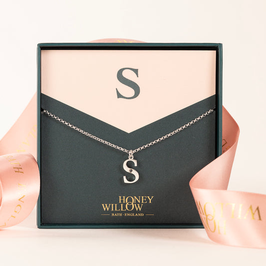 S Initial Letter & Birthstone Necklace - Silver