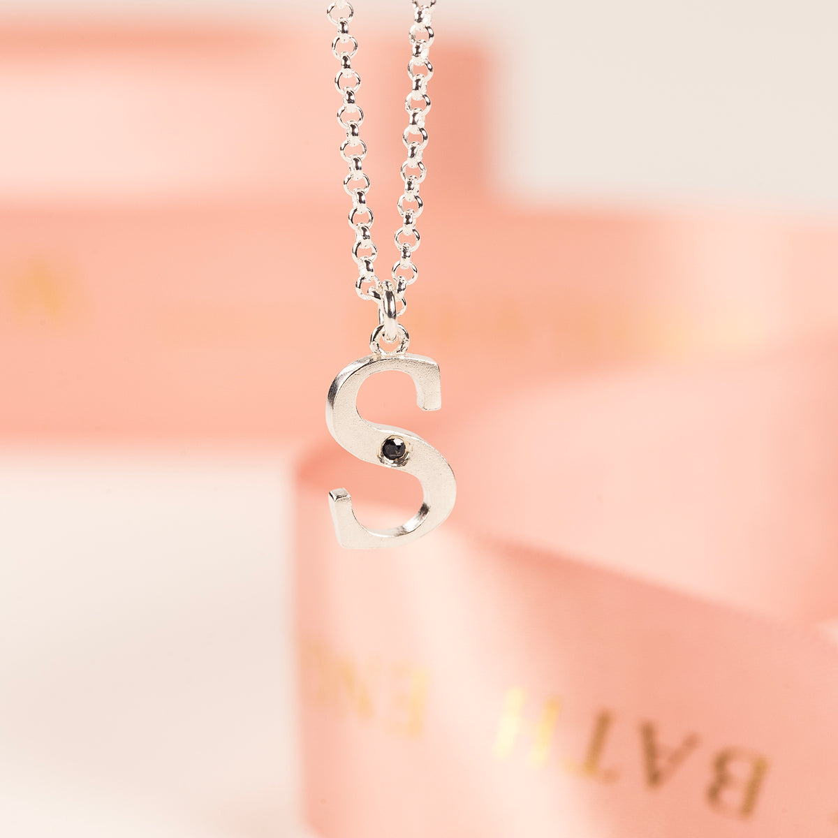 S Initial Letter & Birthstone Necklace - Silver