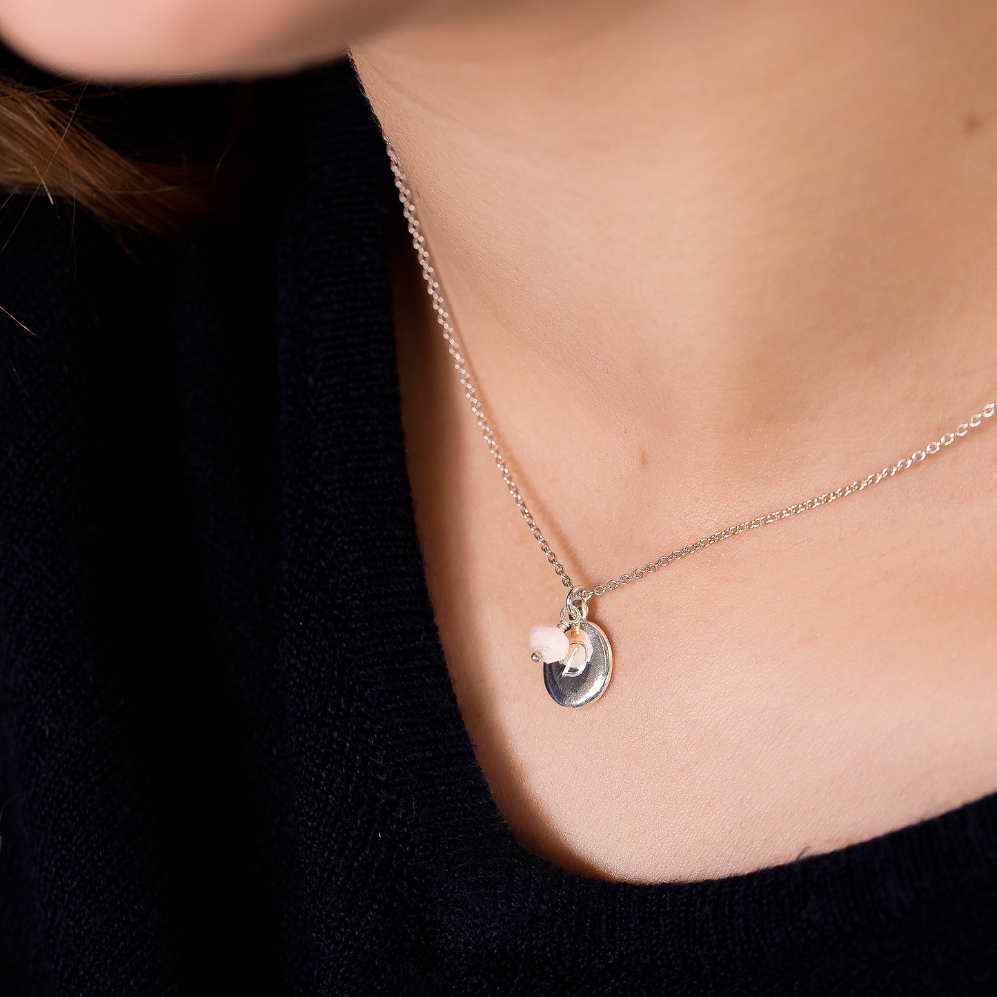 Personalised October Birthstone Necklace - Pink Opal - Silver