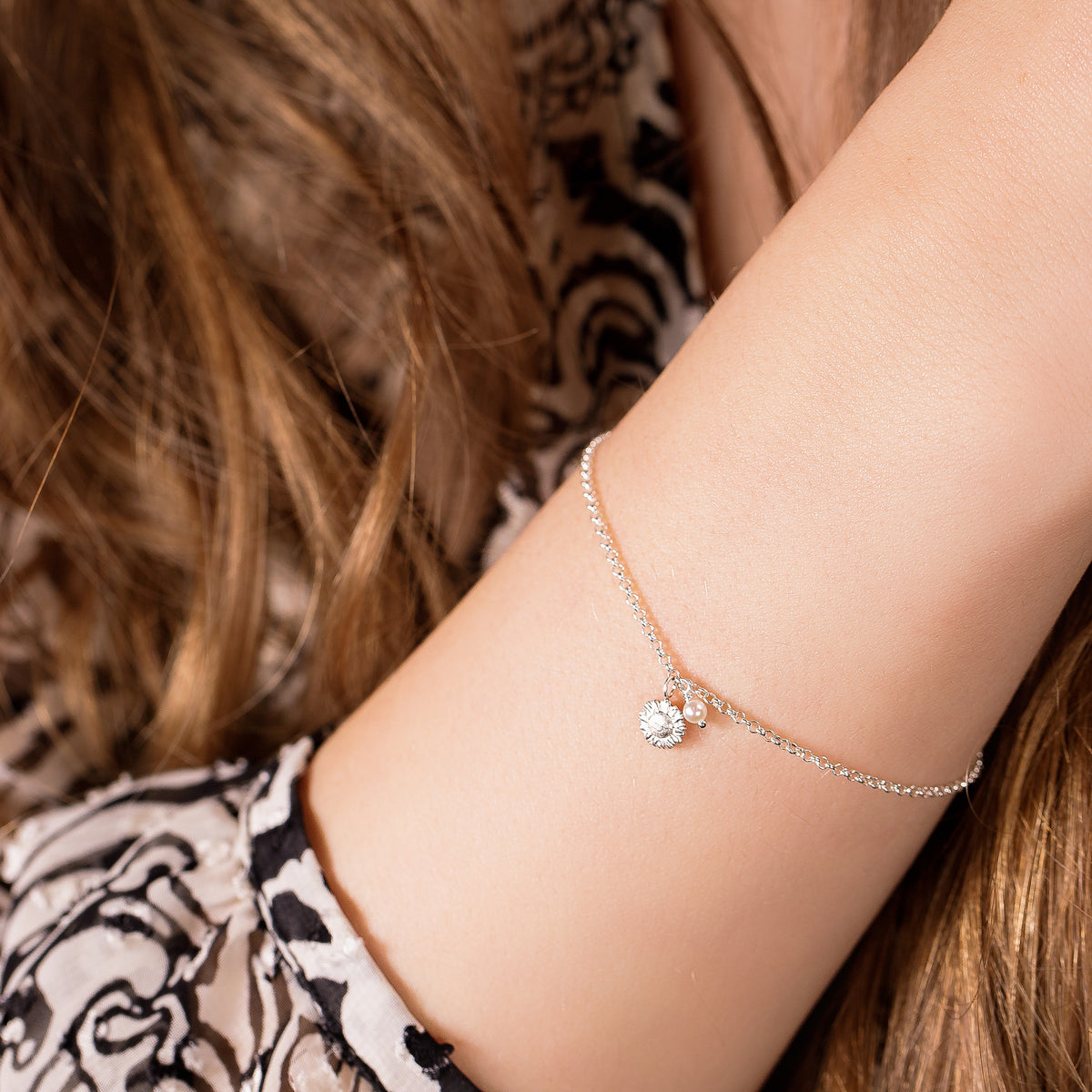 3rd Anniversary Gift - Delicate Sunflower & Pearl Bracelet - Silver