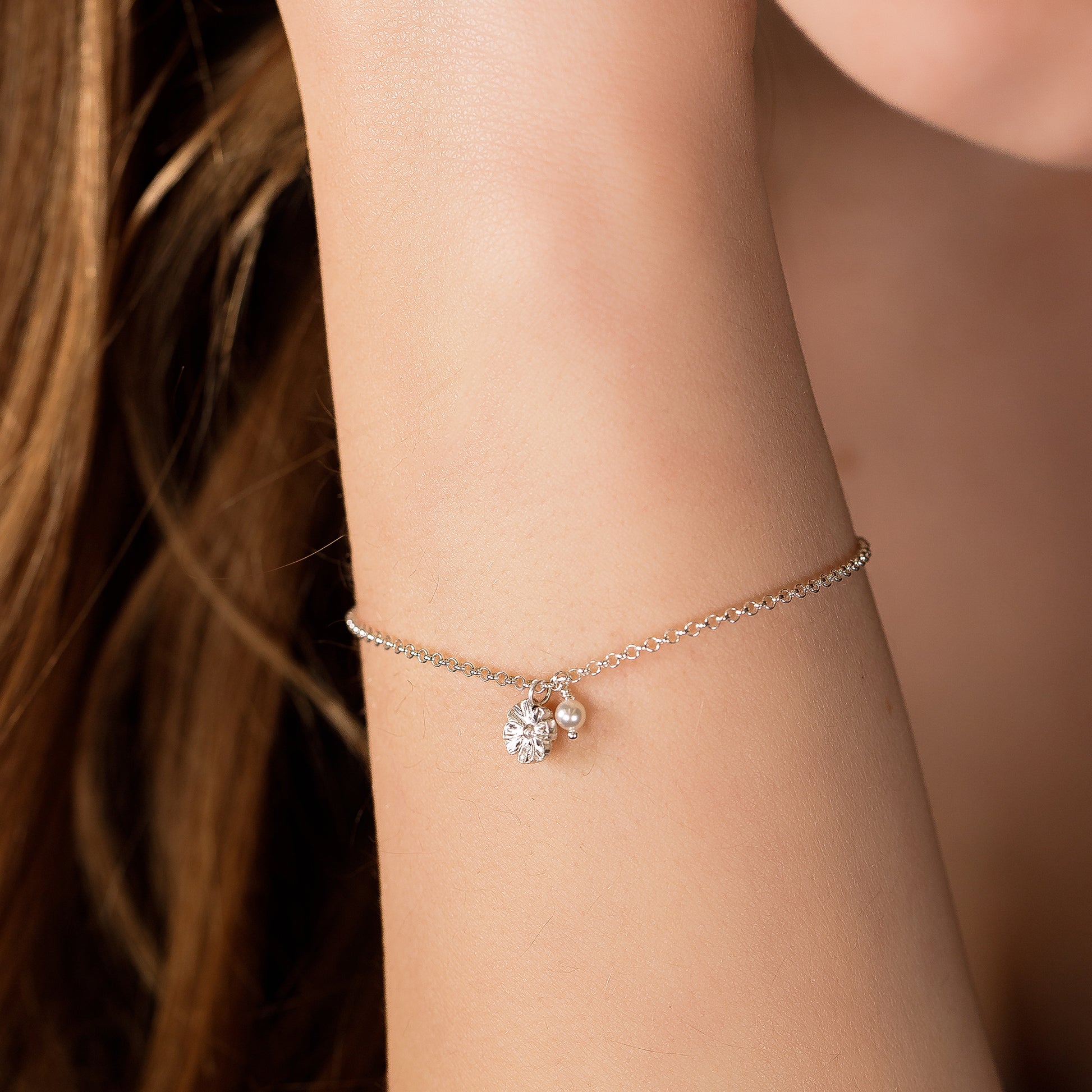 2nd Anniversary Gift - Delicate Cosmos & Pearl Bracelet - Silver