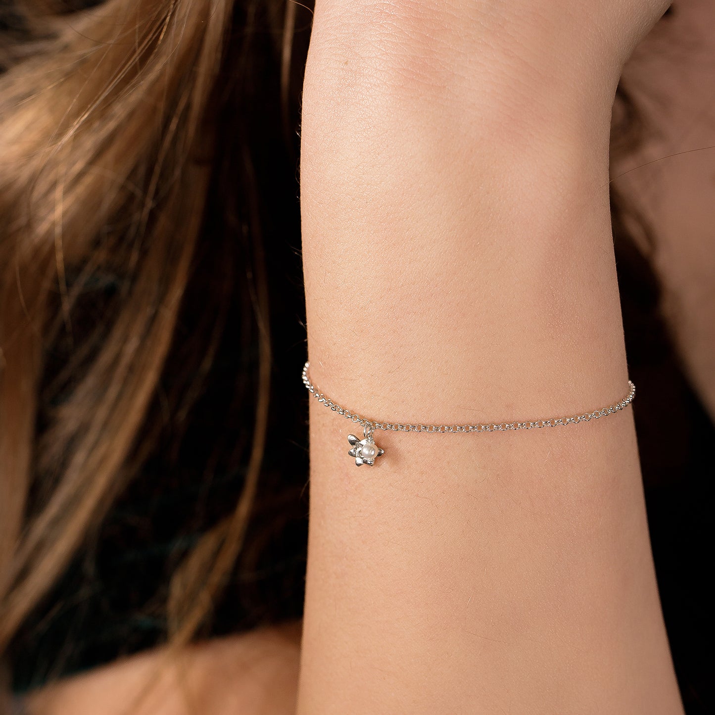 Graduation Gift - Delicate Freesia Flower & Pearl Bracelet - Independence - Silver