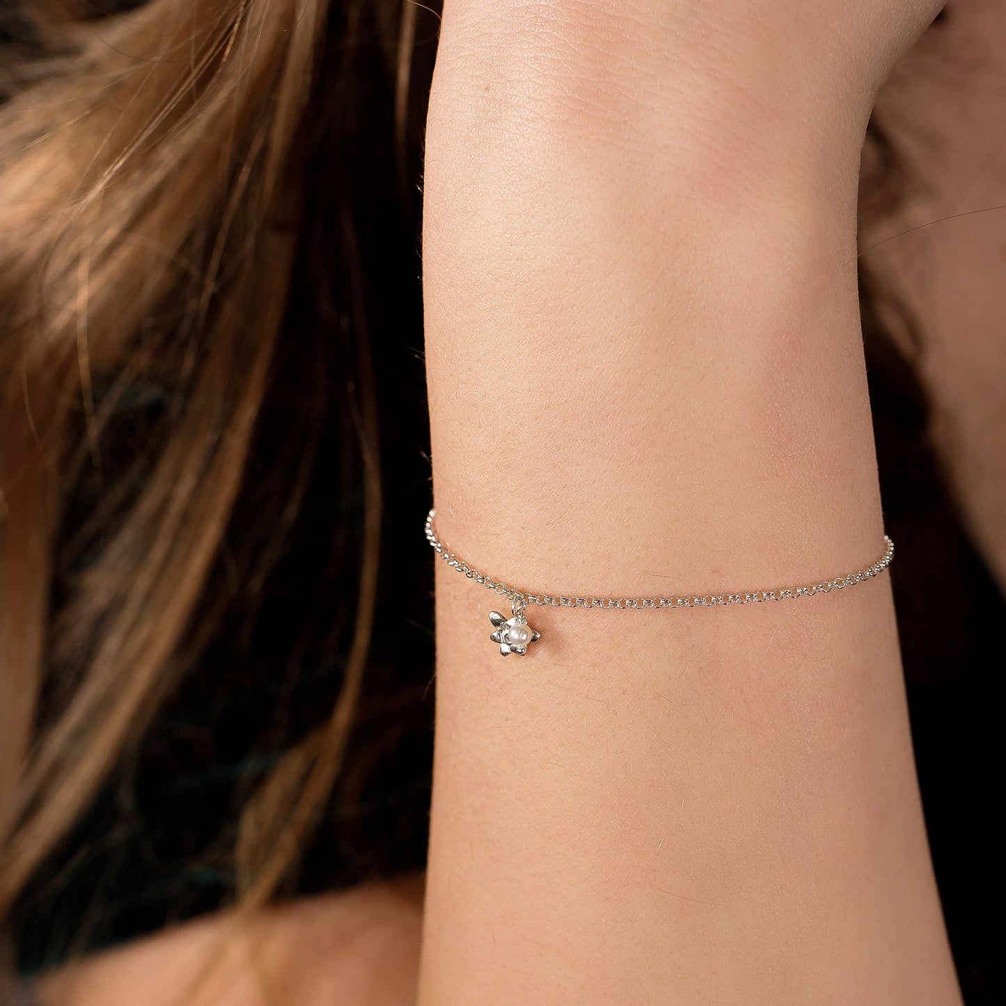 7th Anniversary Gift - Delicate Freesia & Pearl Bracelet - Silver
